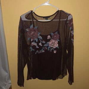 Wine Floral Embroidered Top